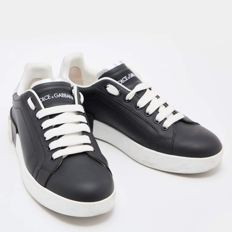 Pre Owned Dolce & Gabbana Black/Silver Leather Portofino Low Top Sneakers Size 37