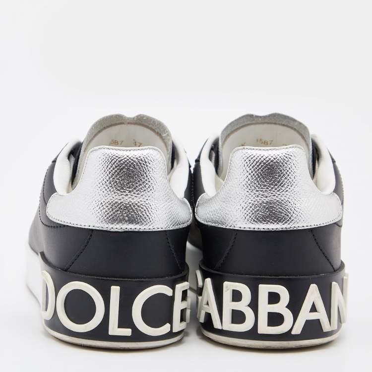 Pre Owned Dolce & Gabbana Black/Silver Leather Portofino Low Top Sneakers Size 37