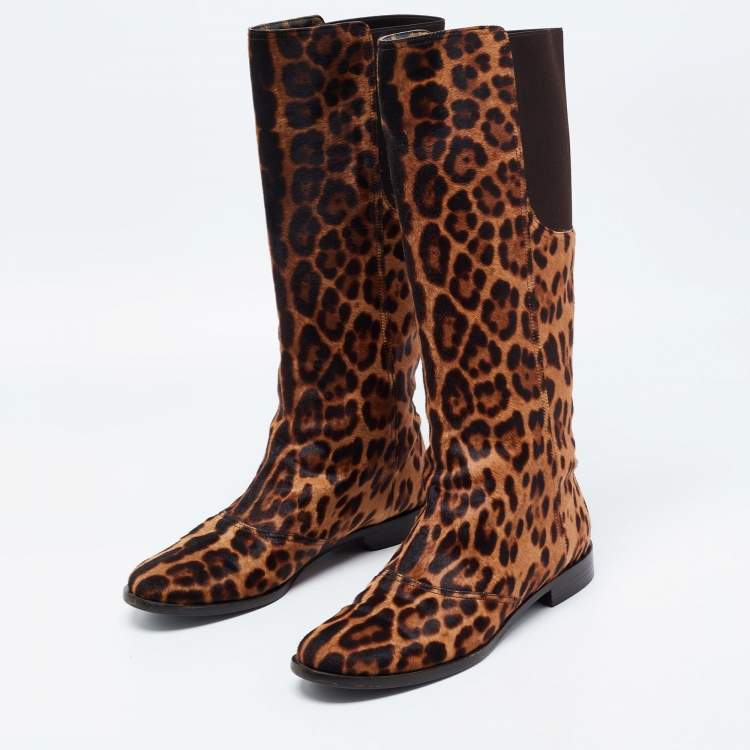 Pre Owned Dolce & Gabbana Brown Leopard Print Calf Hair Knee Length Boots Size 40