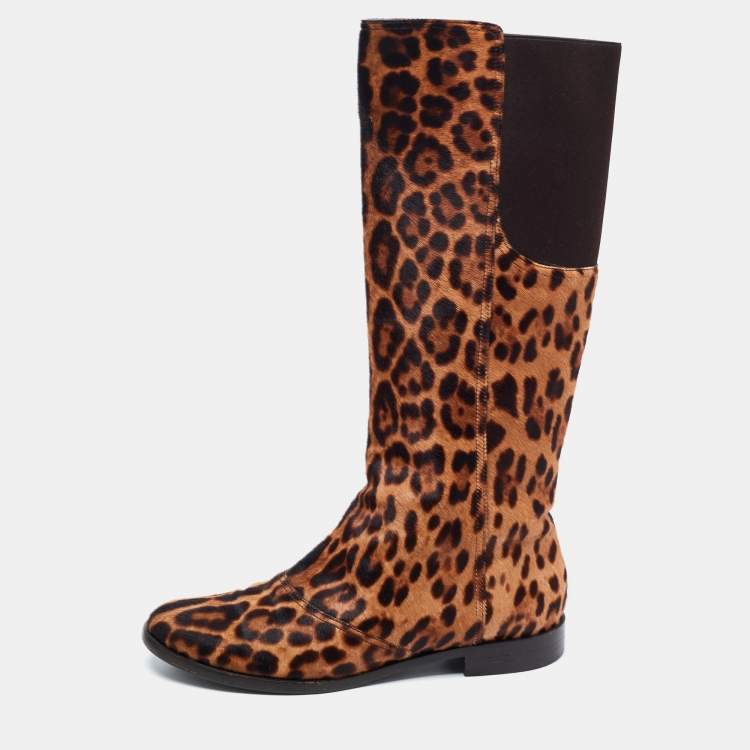 Pre Owned Dolce & Gabbana Brown Leopard Print Calf Hair Knee Length Boots Size 40