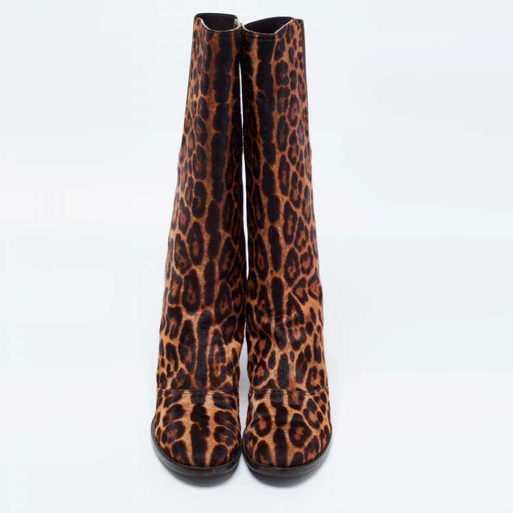 Pre Owned Dolce & Gabbana Brown Leopard Print Calf Hair Knee Length Boots Size 40