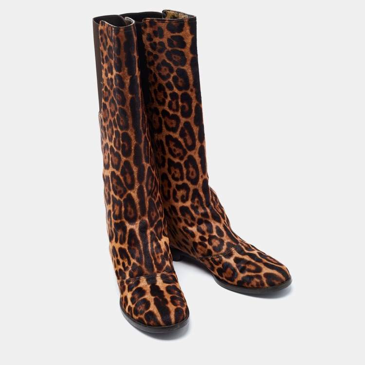 Pre Owned Dolce & Gabbana Brown Leopard Print Calf Hair Knee Length Boots Size 40
