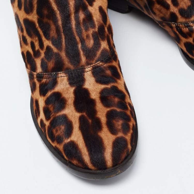 Pre Owned Dolce & Gabbana Brown Leopard Print Calf Hair Knee Length Boots Size 40