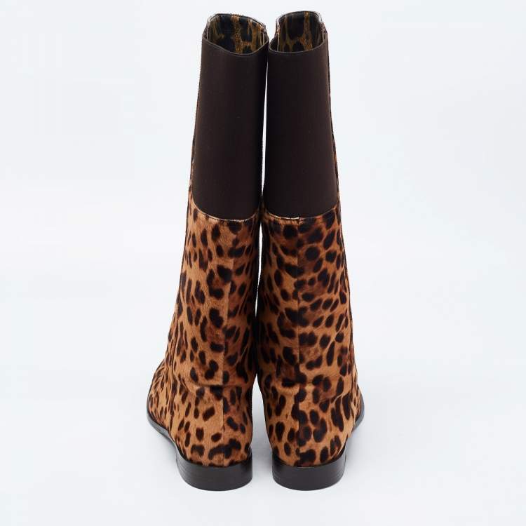 Pre Owned Dolce & Gabbana Brown Leopard Print Calf Hair Knee Length Boots Size 40