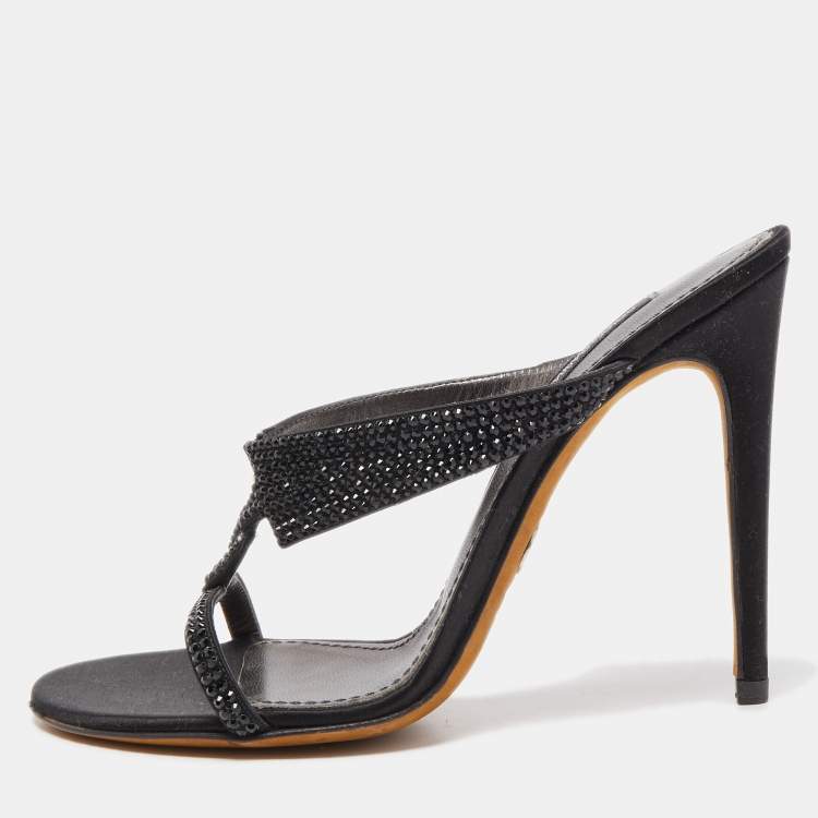 Pre Owned Dolce & Gabbana Black Satin and Crystal Slide Sandals Size 37
