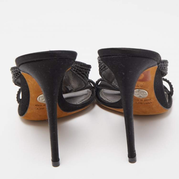 Pre Owned Dolce & Gabbana Black Satin and Crystal Slide Sandals Size 37