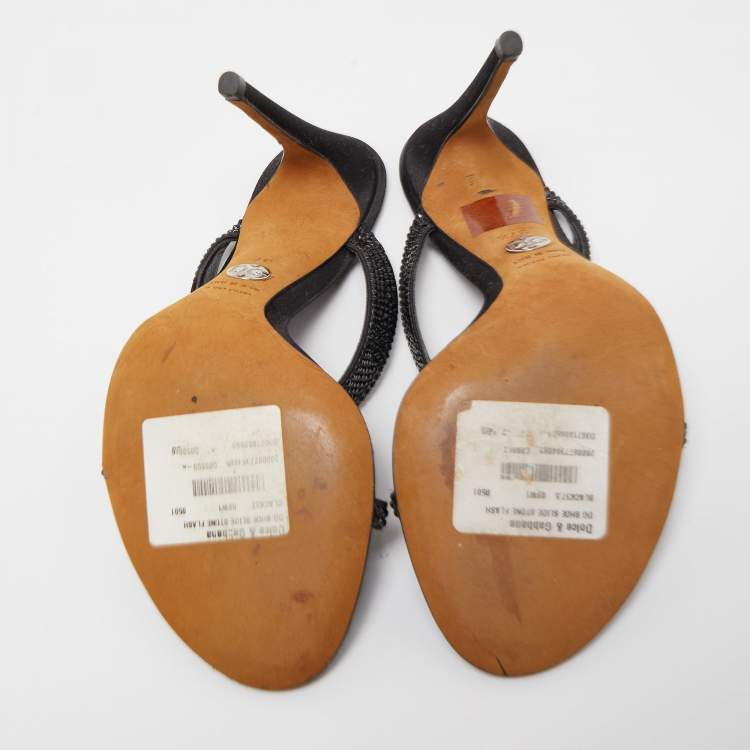 Pre Owned Dolce & Gabbana Black Satin and Crystal Slide Sandals Size 37