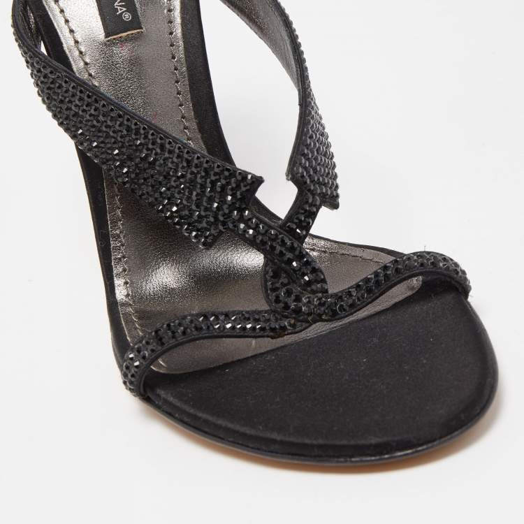 Pre Owned Dolce & Gabbana Black Satin and Crystal Slide Sandals Size 37