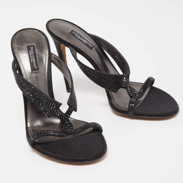 Pre Owned Dolce & Gabbana Black Satin and Crystal Slide Sandals Size 37