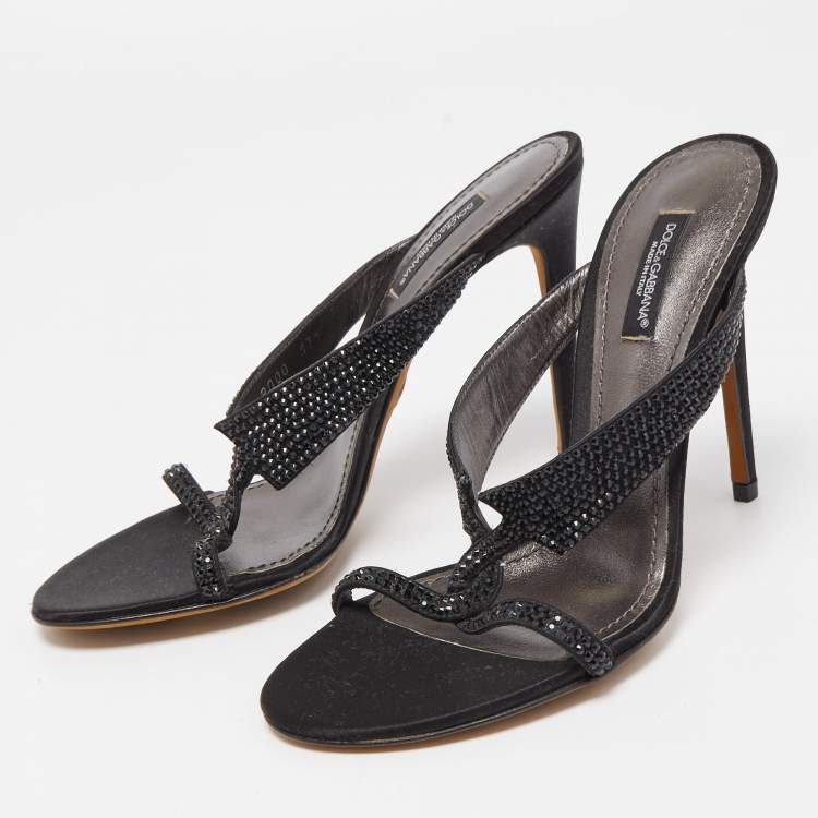 Pre Owned Dolce & Gabbana Black Satin and Crystal Slide Sandals Size 37