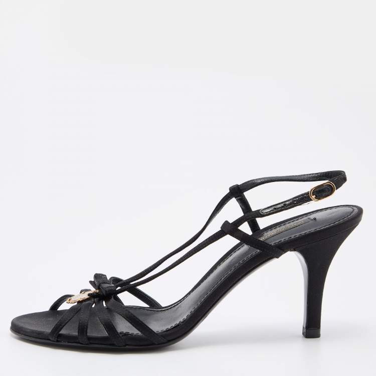 Pre Owned Dolce & Gabbana Black Satin Heritage Coin Detail Ankle Strap Sandals Size 38.5