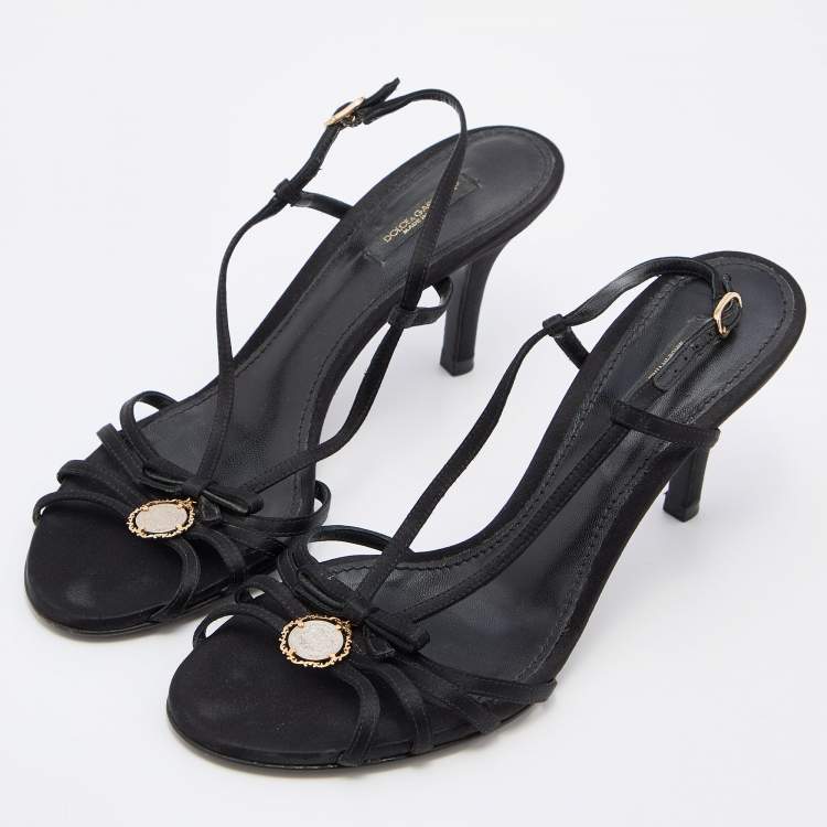 Pre Owned Dolce & Gabbana Black Satin Heritage Coin Detail Ankle Strap Sandals Size 38.5