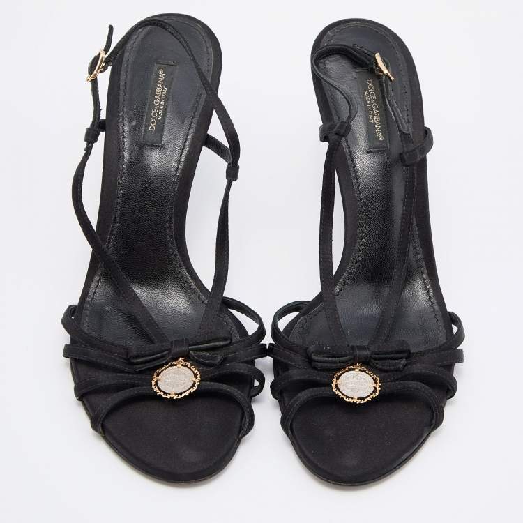 Pre Owned Dolce & Gabbana Black Satin Heritage Coin Detail Ankle Strap Sandals Size 38.5