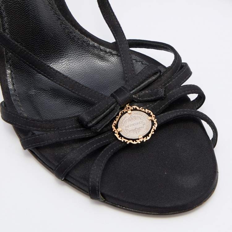 Pre Owned Dolce & Gabbana Black Satin Heritage Coin Detail Ankle Strap Sandals Size 38.5