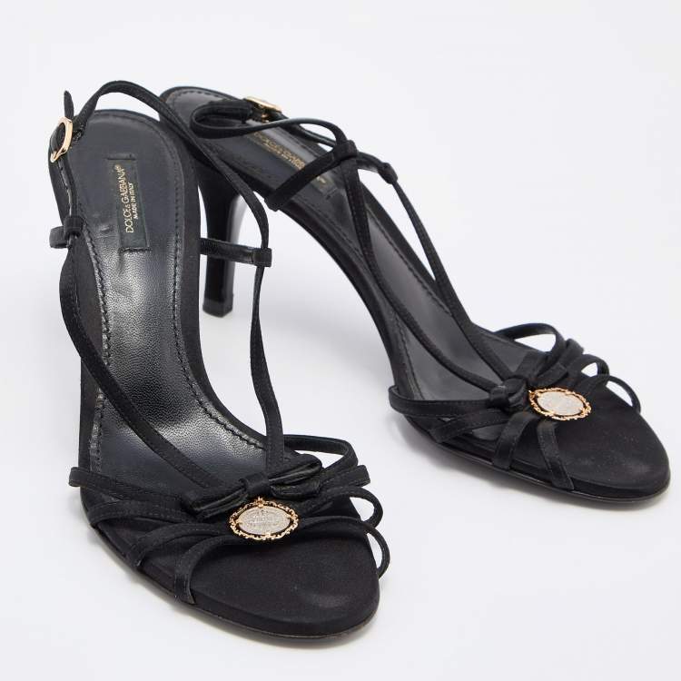 Pre Owned Dolce & Gabbana Black Satin Heritage Coin Detail Ankle Strap Sandals Size 38.5