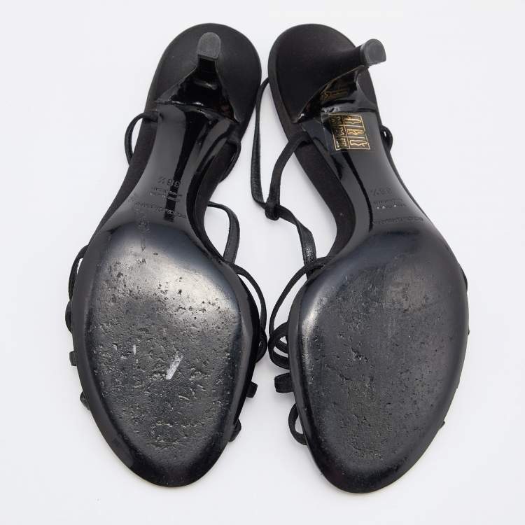 Pre Owned Dolce & Gabbana Black Satin Heritage Coin Detail Ankle Strap Sandals Size 38.5