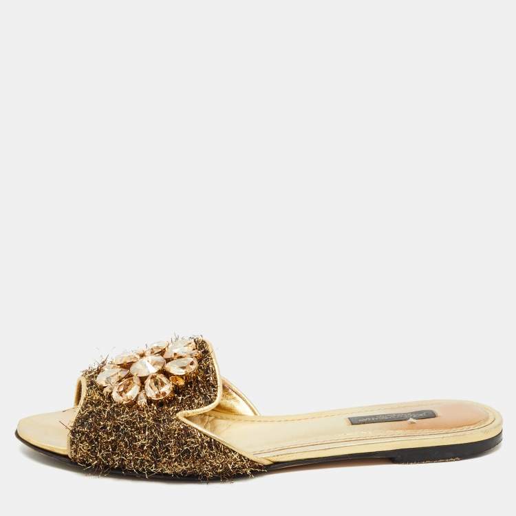 Pre Owned Dolce & Gabbana Brown / Gold Mesh and Leather Crystal Embellished Sofia Flat Slides Size 37.5