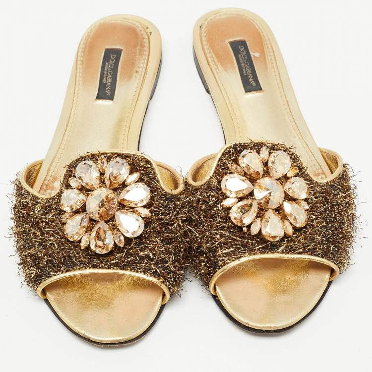 Pre Owned Dolce & Gabbana Brown / Gold Mesh and Leather Crystal Embellished Sofia Flat Slides Size 37.5