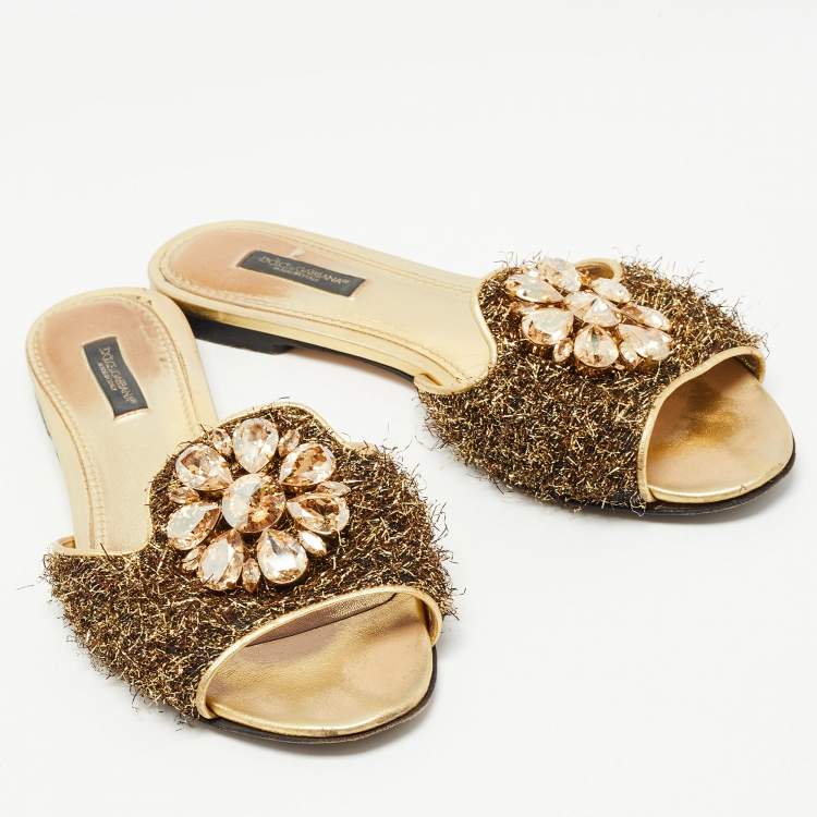 Pre Owned Dolce & Gabbana Brown / Gold Mesh and Leather Crystal Embellished Sofia Flat Slides Size 37.5