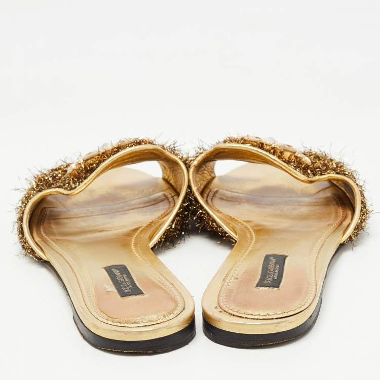 Pre Owned Dolce & Gabbana Brown / Gold Mesh and Leather Crystal Embellished Sofia Flat Slides Size 37.5
