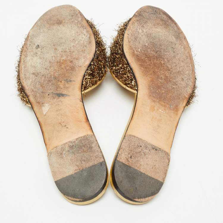 Pre Owned Dolce & Gabbana Brown / Gold Mesh and Leather Crystal Embellished Sofia Flat Slides Size 37.5