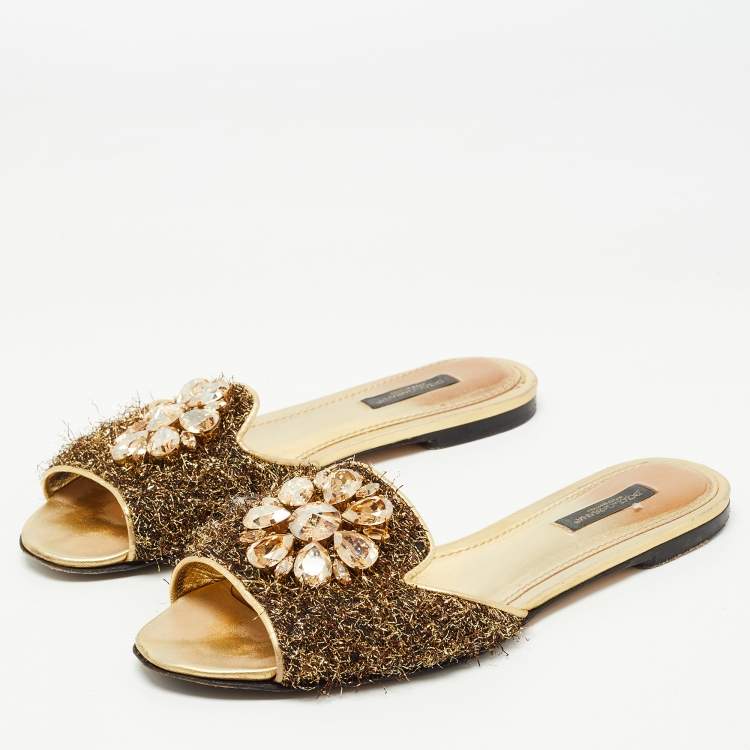 Pre Owned Dolce & Gabbana Brown / Gold Mesh and Leather Crystal Embellished Sofia Flat Slides Size 37.5