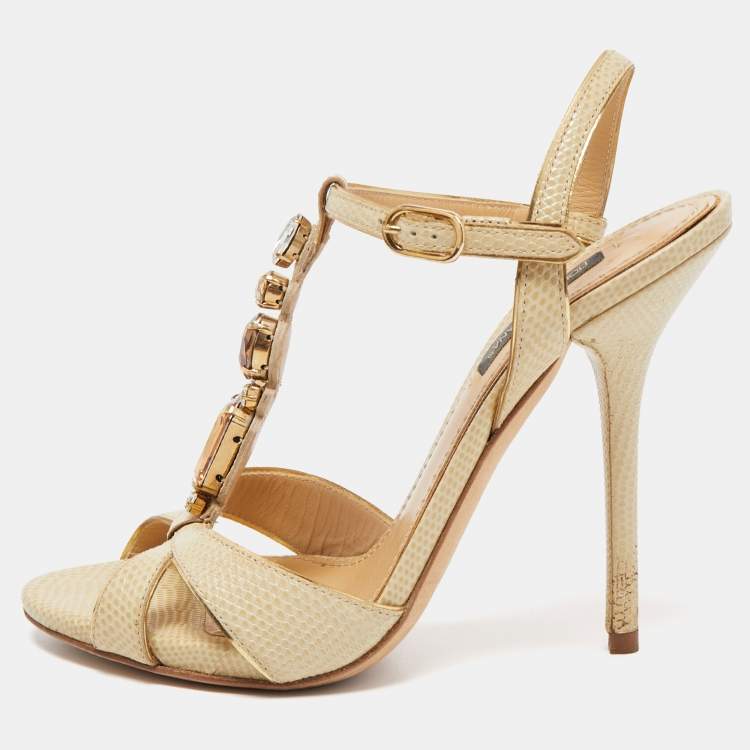 Pre Owned Dolce & Gabbana Beige Lizard Embossed Leather T strap Sandals Size 36