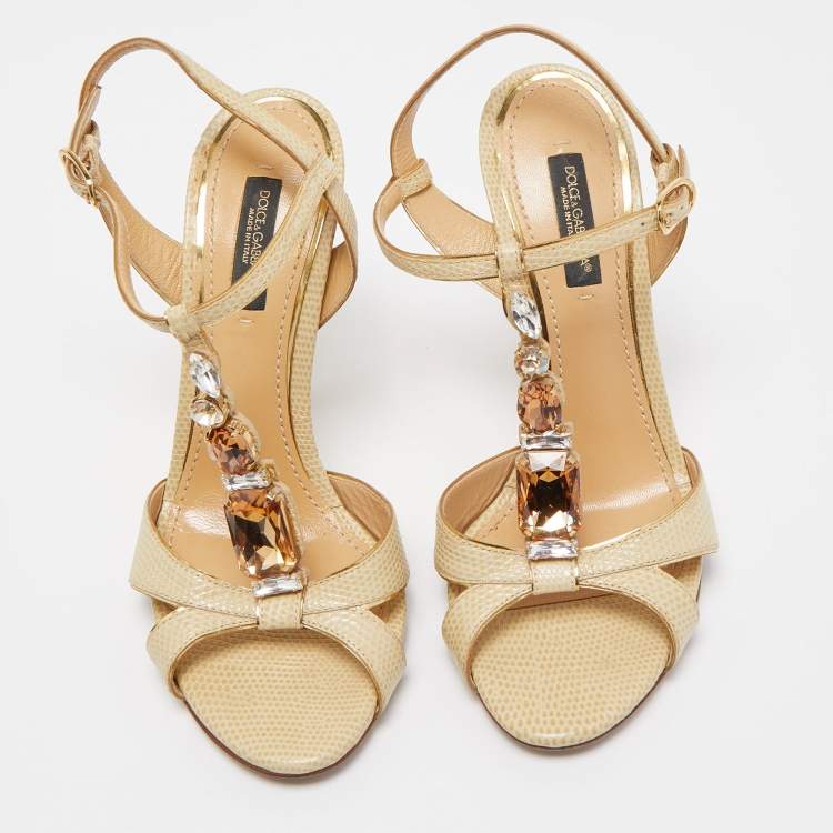 Pre Owned Dolce & Gabbana Beige Lizard Embossed Leather T strap Sandals Size 36