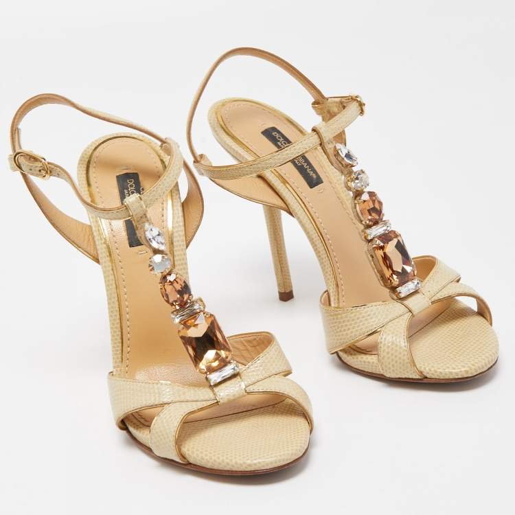 Pre Owned Dolce & Gabbana Beige Lizard Embossed Leather T strap Sandals Size 36