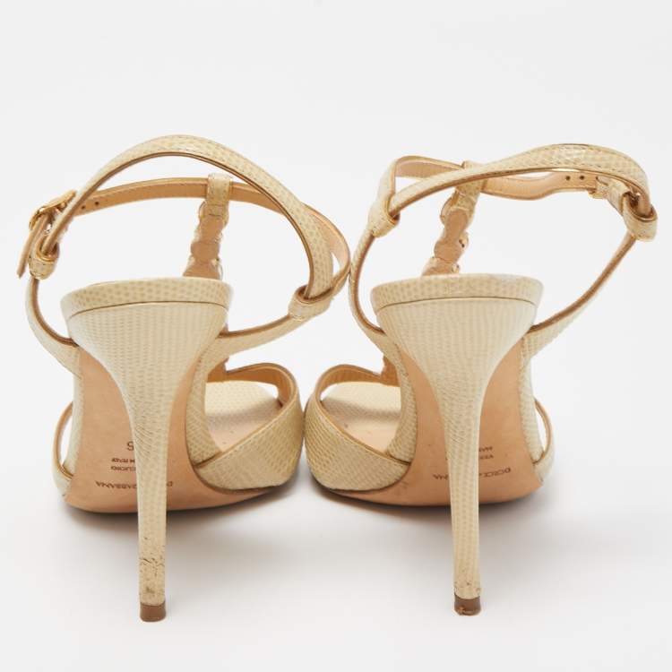 Pre Owned Dolce & Gabbana Beige Lizard Embossed Leather T strap Sandals Size 36