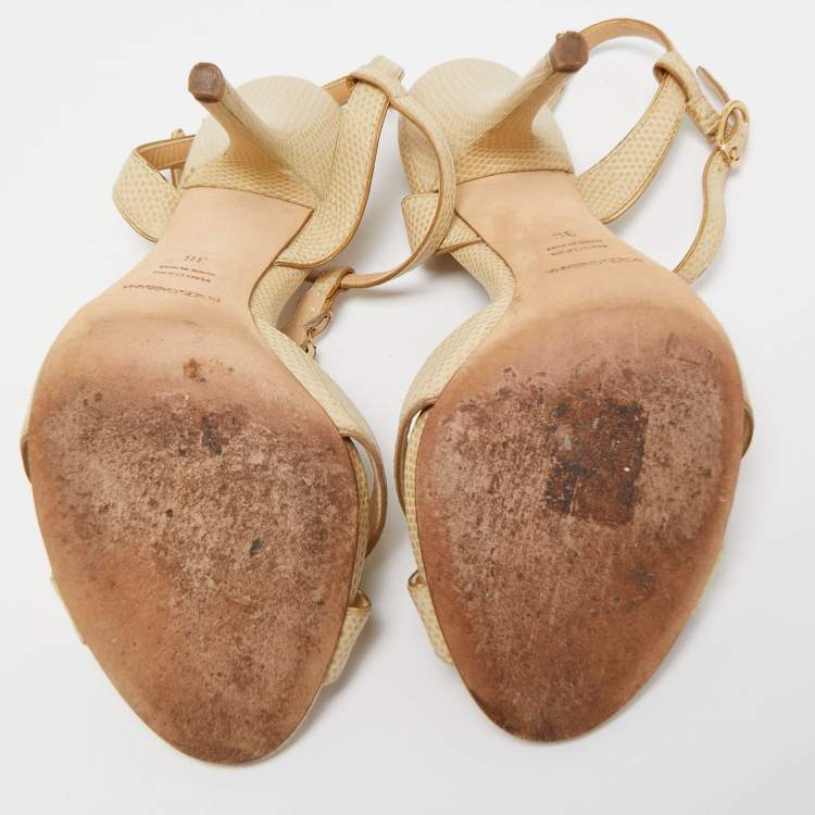Pre Owned Dolce & Gabbana Beige Lizard Embossed Leather T strap Sandals Size 36