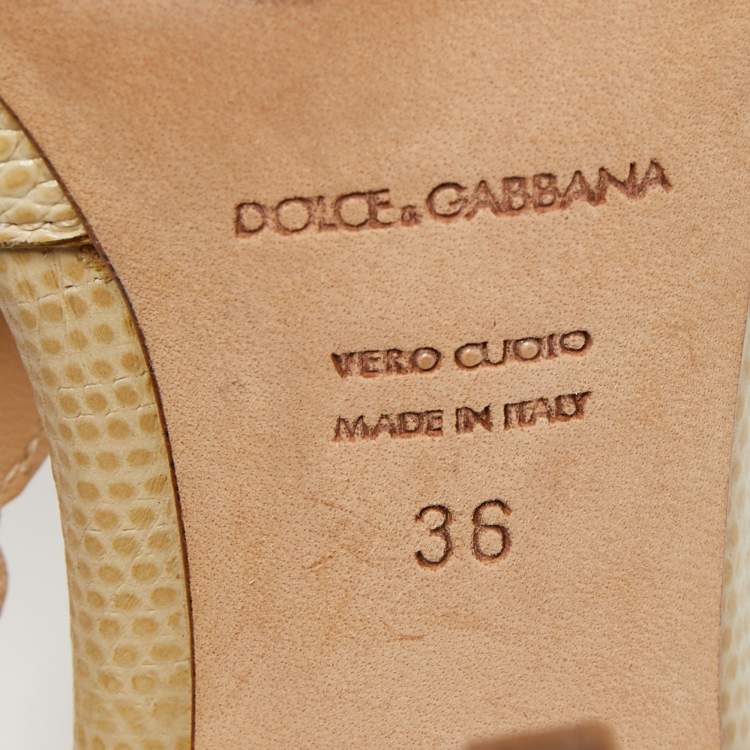 Pre Owned Dolce & Gabbana Beige Lizard Embossed Leather T strap Sandals Size 36