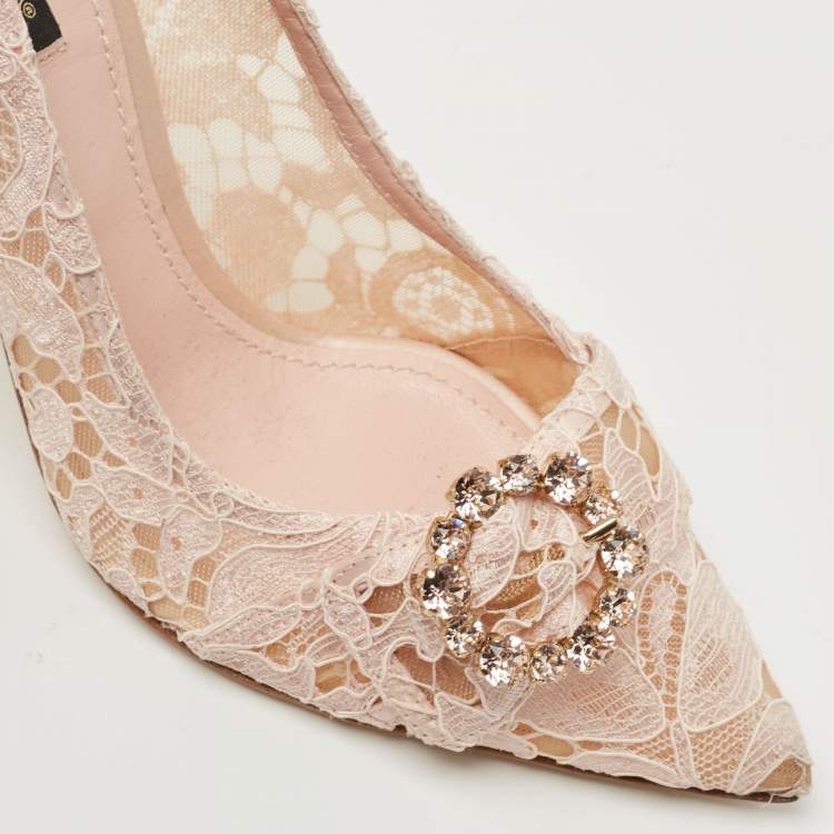 Pre Owned Dolce & Gabbana Pastel Pink Lace Crystal Embellished Pointed Toe Pumps Size 39