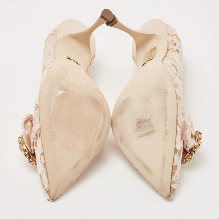 Pre Owned Dolce & Gabbana Pastel Pink Lace Crystal Embellished Pointed Toe Pumps Size 39