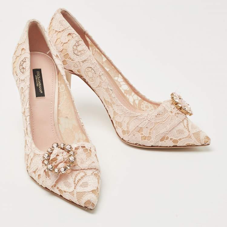 Pre Owned Dolce & Gabbana Pastel Pink Lace Crystal Embellished Pointed Toe Pumps Size 39