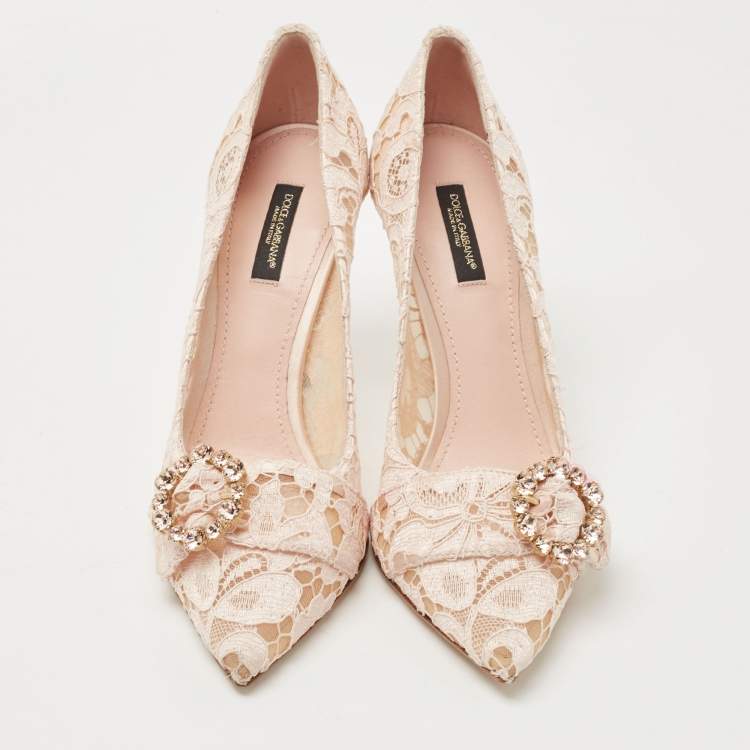 Pre Owned Dolce & Gabbana Pastel Pink Lace Crystal Embellished Pointed Toe Pumps Size 39