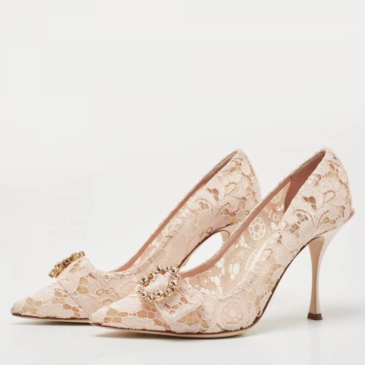 Pre Owned Dolce & Gabbana Pastel Pink Lace Crystal Embellished Pointed Toe Pumps Size 39