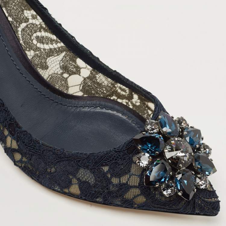 Pre Owned Dolce & Gabbana Navy Blue Lace and Mesh Bellucci  Pumps Size 37.5