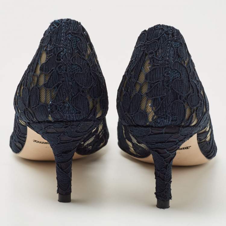 Pre Owned Dolce & Gabbana Navy Blue Lace and Mesh Bellucci  Pumps Size 37.5