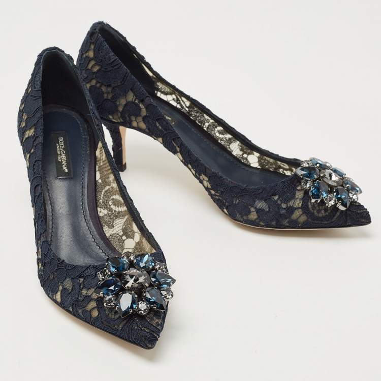 Pre Owned Dolce & Gabbana Navy Blue Lace and Mesh Bellucci  Pumps Size 37.5