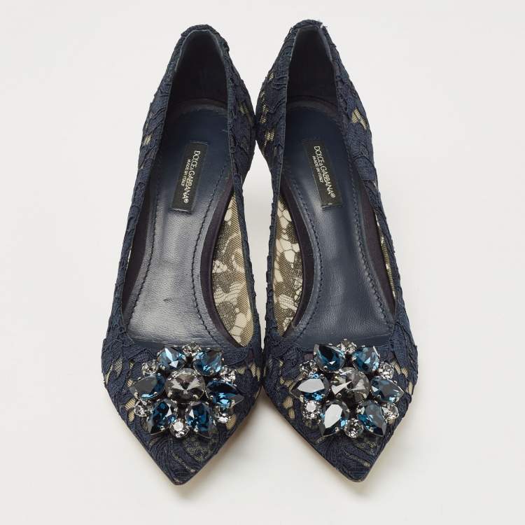 Pre Owned Dolce & Gabbana Navy Blue Lace and Mesh Bellucci  Pumps Size 37.5