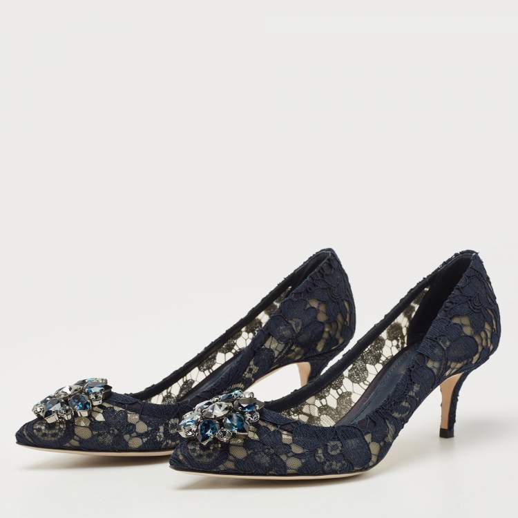 Pre Owned Dolce & Gabbana Navy Blue Lace and Mesh Bellucci  Pumps Size 37.5