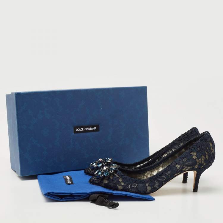 Pre Owned Dolce & Gabbana Navy Blue Lace and Mesh Bellucci  Pumps Size 37.5