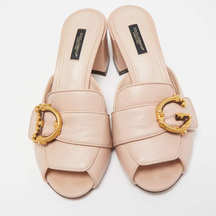 مملوكة مسبقًا Dolce & Gabbana Pink Leather Logo Embellished Block Heel Peep Toe Sandals Size 38