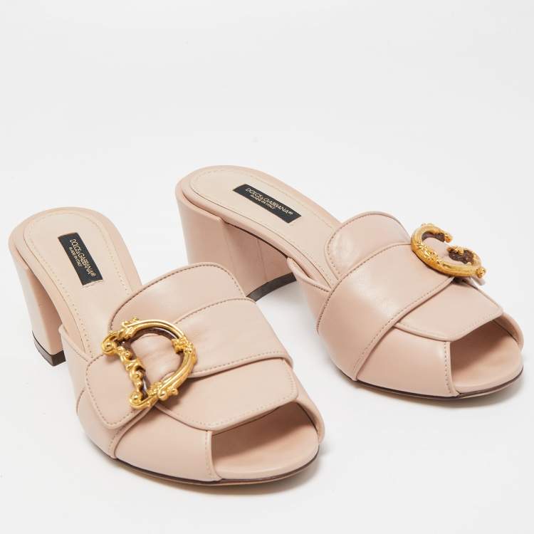 مملوكة مسبقًا Dolce & Gabbana Pink Leather Logo Embellished Block Heel Peep Toe Sandals Size 38