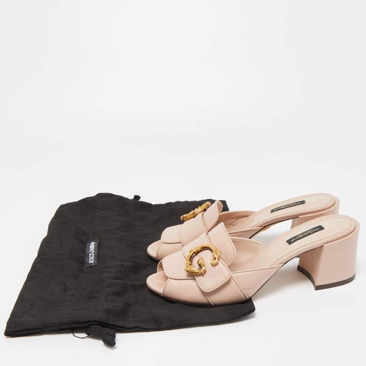 مملوكة مسبقًا Dolce & Gabbana Pink Leather Logo Embellished Block Heel Peep Toe Sandals Size 38