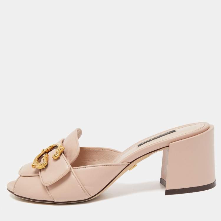 مملوكة مسبقًا Dolce & Gabbana Pink Leather Logo Embellished Block Heel Peep Toe Sandals Size 38