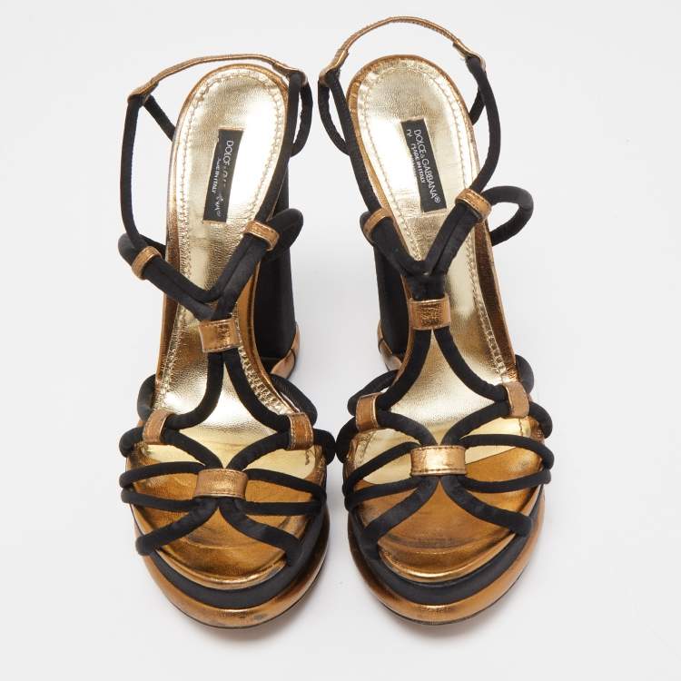Pre Owned Dolce & Gabbana Black/Gold Leather and Satin Strappy Wedge Sandals Size 40