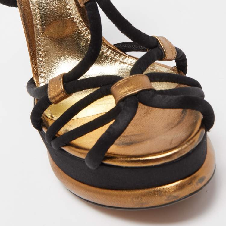 Pre Owned Dolce & Gabbana Black/Gold Leather and Satin Strappy Wedge Sandals Size 40