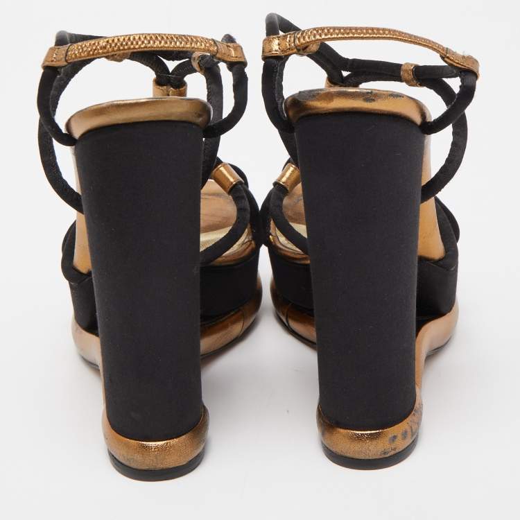 Pre Owned Dolce & Gabbana Black/Gold Leather and Satin Strappy Wedge Sandals Size 40
